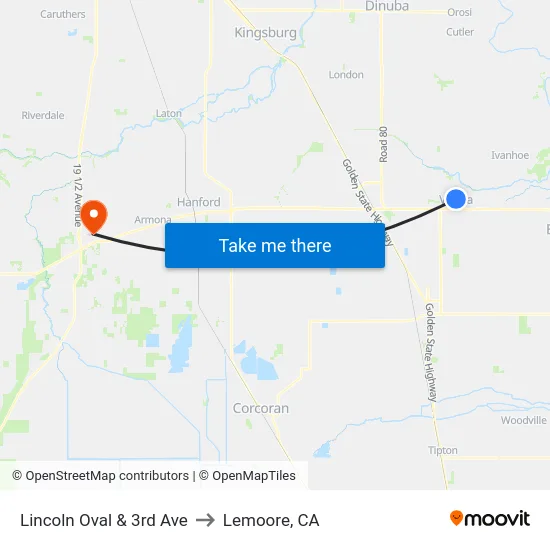 Lincoln Oval & 3rd Ave to Lemoore, CA map