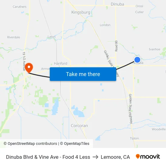Dinuba Blvd & Vine Ave - Food 4 Less to Lemoore, CA map