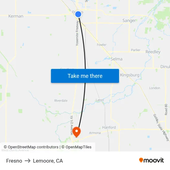 Fresno to Lemoore, CA map
