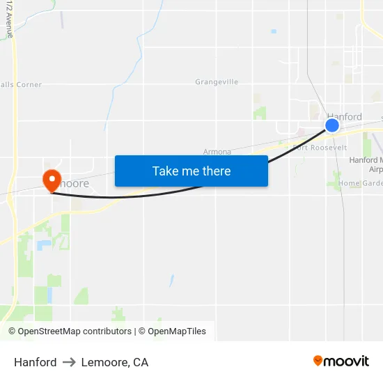 Hanford to Lemoore, CA map