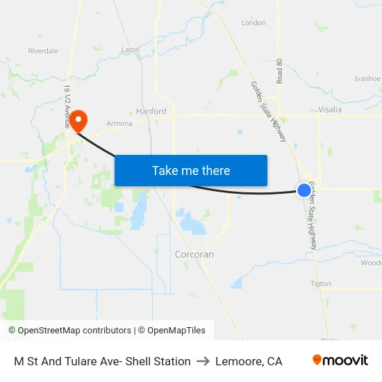 M St And Tulare Ave- Shell Station to Lemoore, CA map