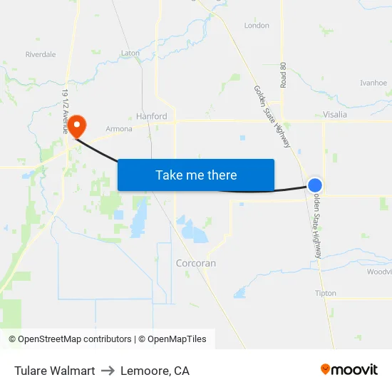 Walmart to Lemoore, CA map