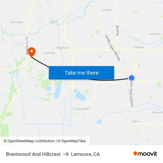 Brentwood St Between Baywood And Hillcrest to Lemoore, CA map