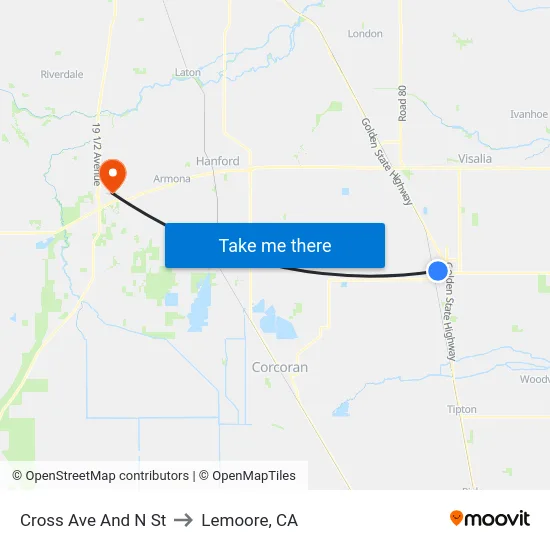 Cross Ave And N St to Lemoore, CA map