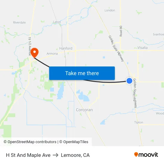 H St And Maple Ave to Lemoore, CA map
