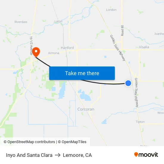 Inyo Ave And Santa Clara St to Lemoore, CA map
