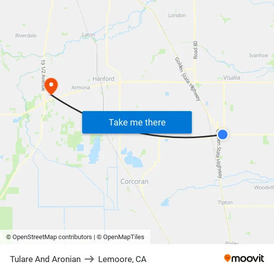 Tulare/ Aronian to Lemoore, CA map