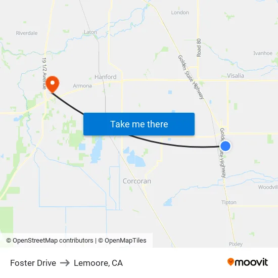 Foster Drive at Storeland to Lemoore, CA map
