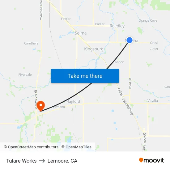 Tulare Works to Lemoore, CA map