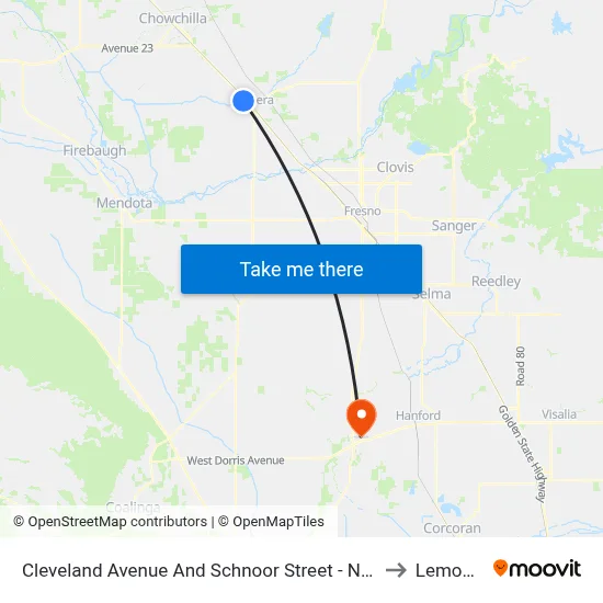 Cleveland Avenue And Schnoor Street - North Point Shopping Mall to Lemoore, CA map