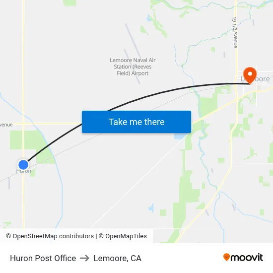 Huron Post Office to Lemoore, CA map