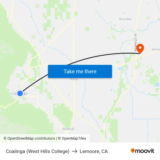 Coalinga (West Hills College) to Lemoore, CA map