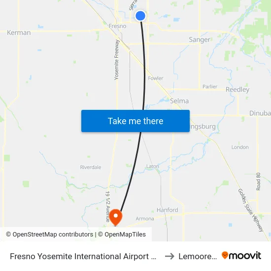 Fresno Yosemite International Airport Bus Shelter to Lemoore, CA map