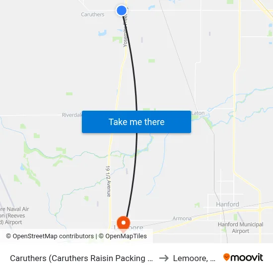 Caruthers (Caruthers Raisin Packing Co) to Lemoore, CA map
