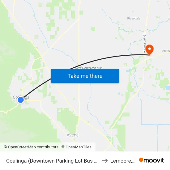 Coalinga (Downtown Parking Lot Bus Shelter) to Lemoore, CA map