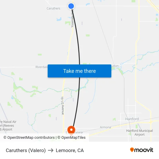 Caruthers (Valero) to Lemoore, CA map