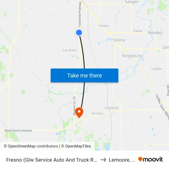 Fresno (Glw Service Auto And Truck Repair) to Lemoore, CA map