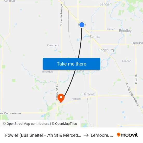 Fowler (Bus Shelter - 7th St & Merced St) to Lemoore, CA map