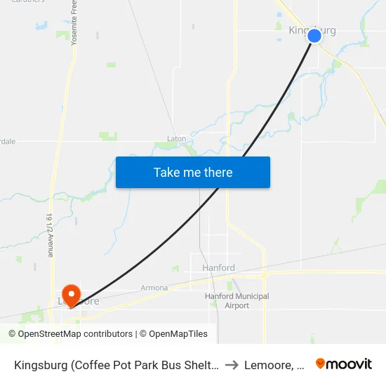 Kingsburg (Coffee Pot Park Bus Shelter) to Lemoore, CA map