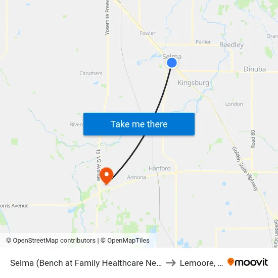 Selma (Bench at Family Healthcare Network) to Lemoore, CA map