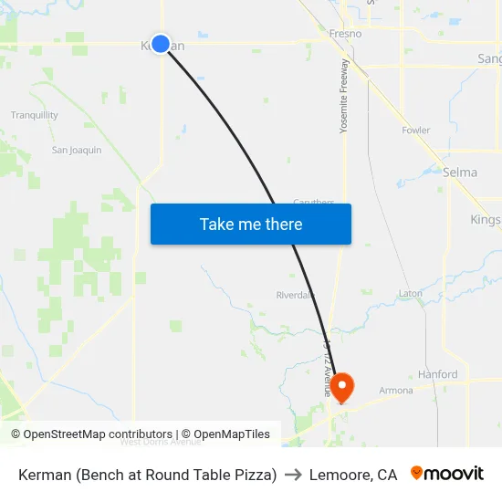 Kerman (Bench at Round Table Pizza) to Lemoore, CA map