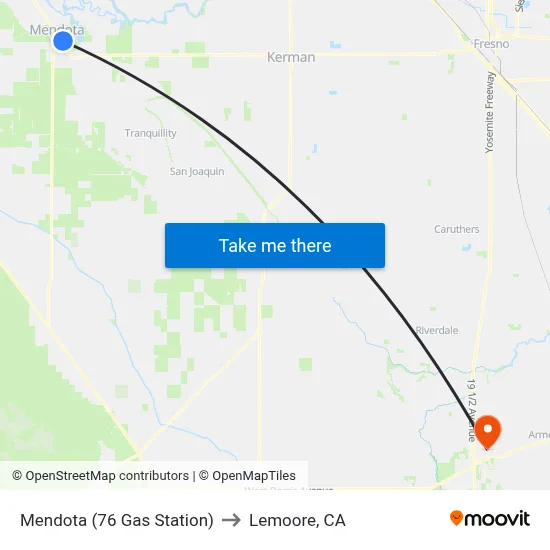 Mendota (76 Gas Station) to Lemoore, CA map