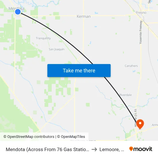 Mendota (Across From 76 Gas Station) to Lemoore, CA map