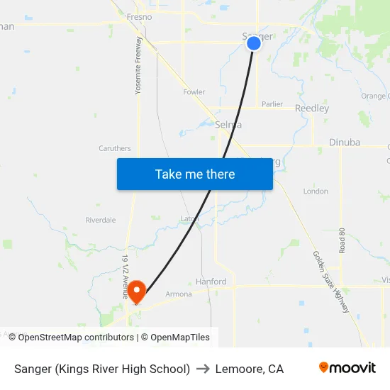 Sanger (Kings River High School) to Lemoore, CA map