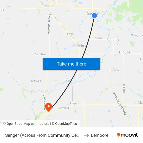 Sanger (Across From Community Center) to Lemoore, CA map