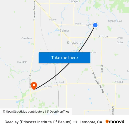 Reedley (Princess Institute Of Beauty) to Lemoore, CA map