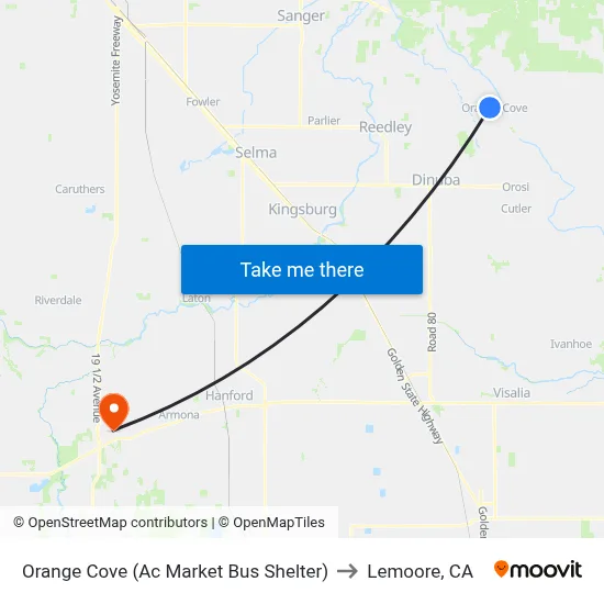Orange Cove (Ac Market Bus Shelter) to Lemoore, CA map