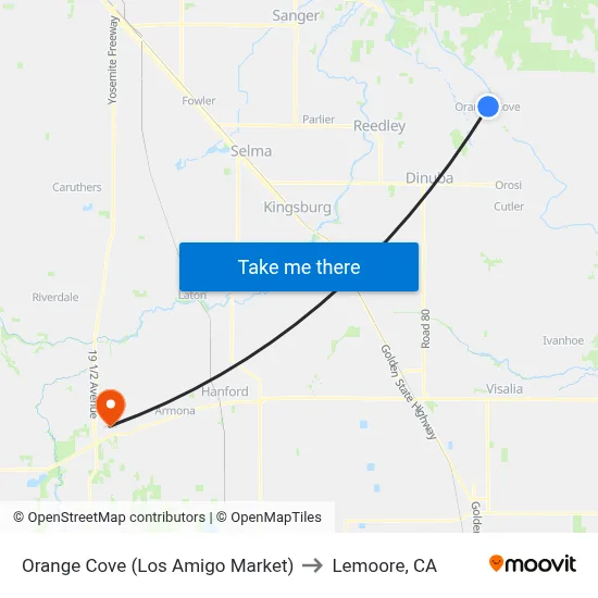 Orange Cove (Los Amigo Market) to Lemoore, CA map