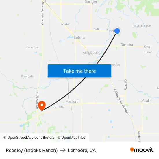Reedley (Brooks Ranch) to Lemoore, CA map