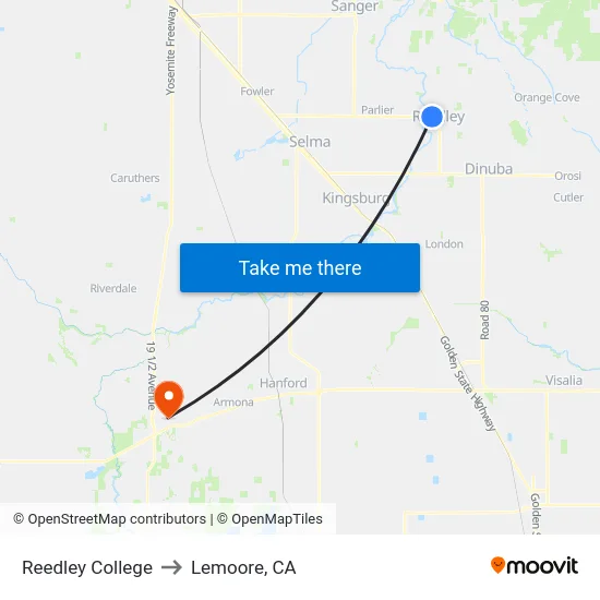 Reedley College to Lemoore, CA map