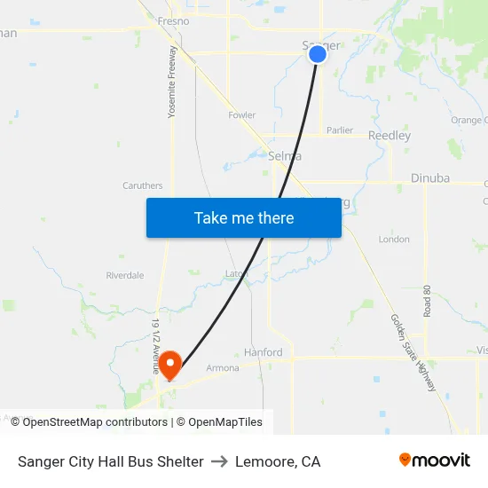 Sanger City Hall Bus Shelter to Lemoore, CA map