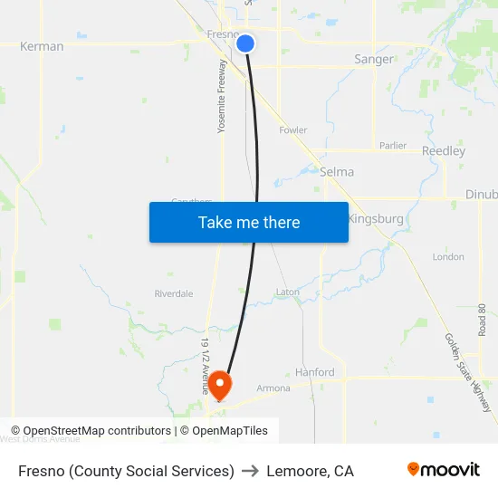 Fresno (County Social Services) to Lemoore, CA map