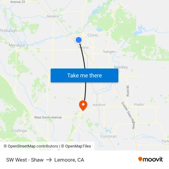 SW West - Shaw to Lemoore, CA map