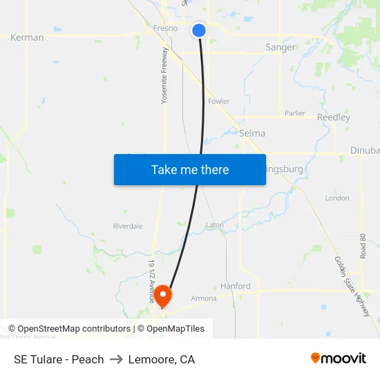 SE Tulare - Peach to Lemoore, CA map