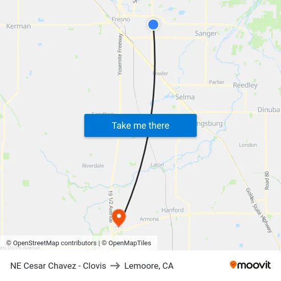 NE Cesar Chavez - Clovis to Lemoore, CA map