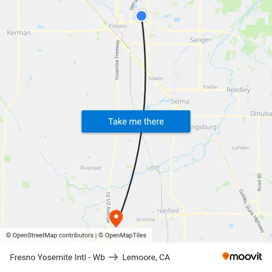 Fresno Yosemite Intl - Wb to Lemoore, CA map