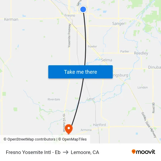 Fresno Yosemite Intl - Eb to Lemoore, CA map