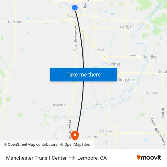 Manchester Transit Center to Lemoore, CA map