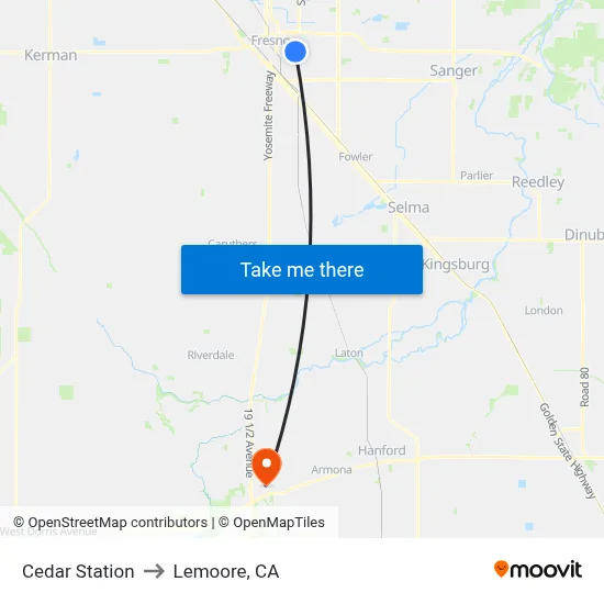Cedar Station to Lemoore, CA map