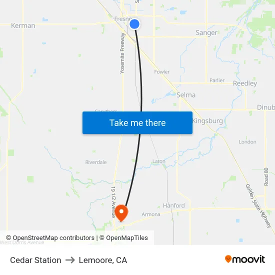 Cedar Station to Lemoore, CA map