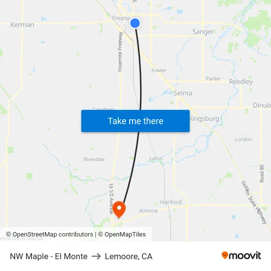 NW Maple - El Monte to Lemoore, CA map