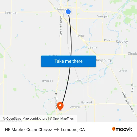 NE Maple - Cesar Chavez to Lemoore, CA map