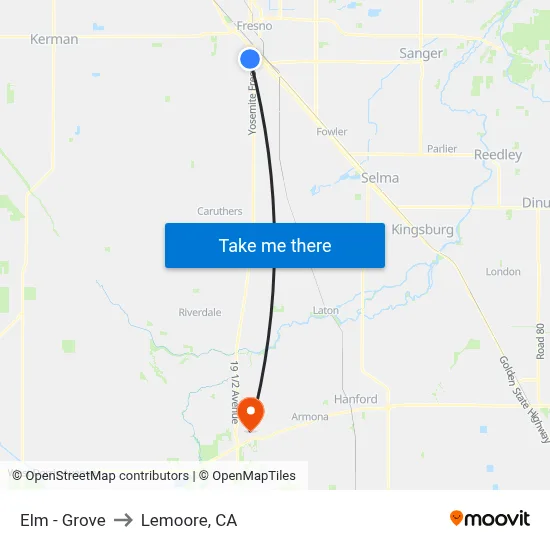 Elm - Grove to Lemoore, CA map