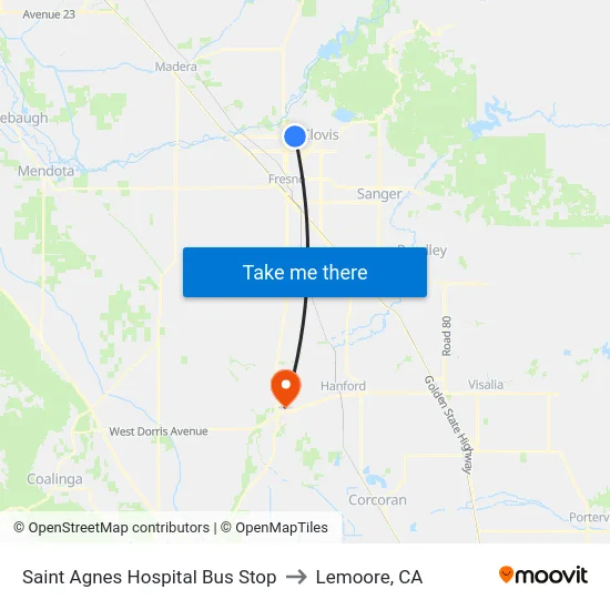Saint Agnes Hospital  Bus Stop to Lemoore, CA map