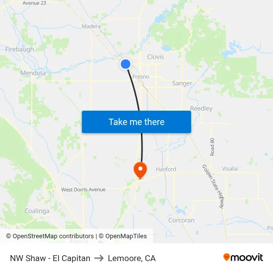 NW Shaw - El Capitan to Lemoore, CA map
