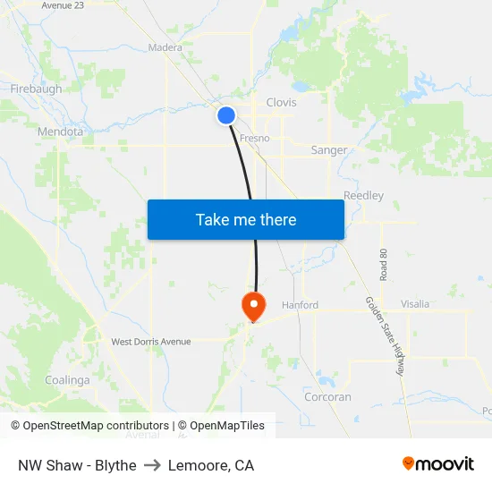 NW Shaw - Blythe to Lemoore, CA map